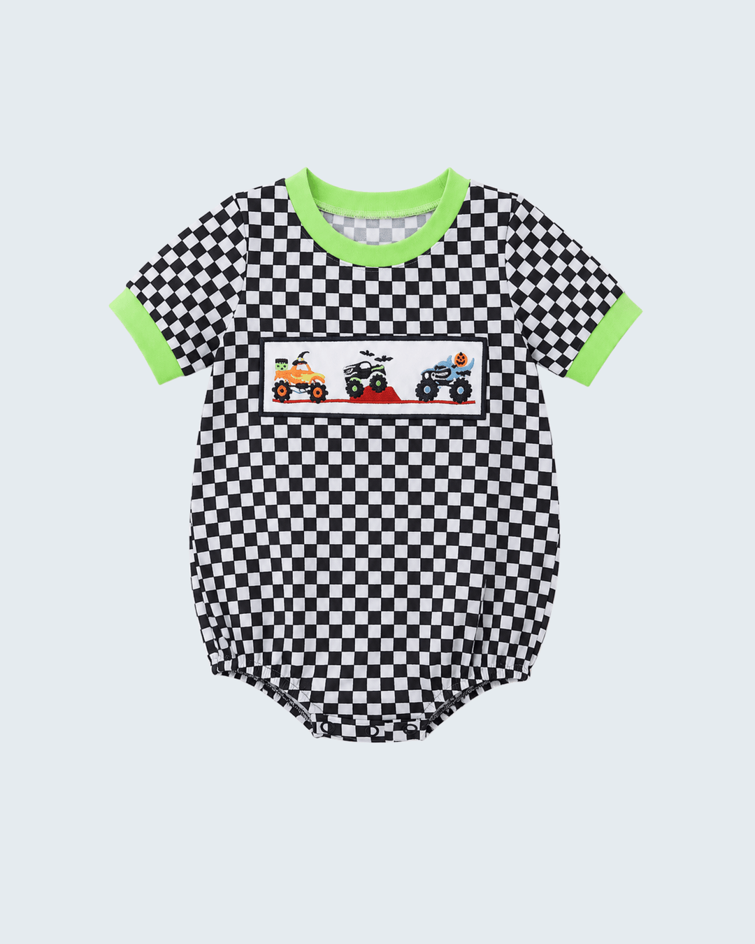 A baby short-sleeve bodysuit featuring a black and white checkerboard pattern, bright neon green trim on the collar and sleeve cuffs, and a central graphic of three colorful off-road vehicles (dirt bike, ATV, quad bike) on a white background.