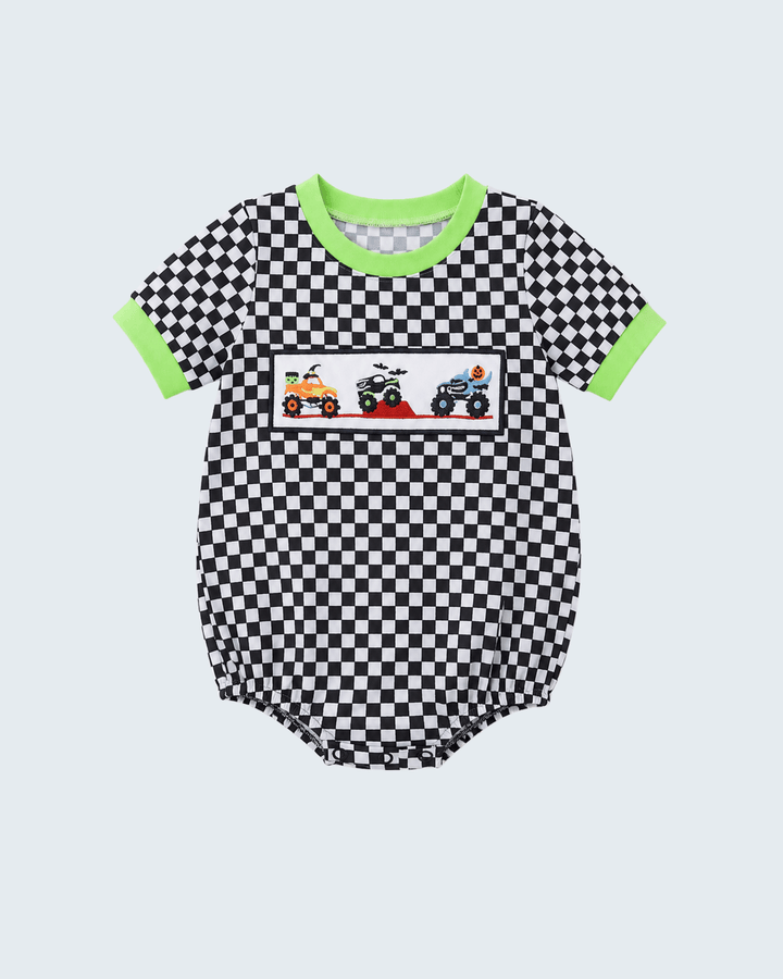 A baby short-sleeve bodysuit featuring a black and white checkerboard pattern, bright neon green trim on the collar and sleeve cuffs, and a central graphic of three colorful off-road vehicles (dirt bike, ATV, quad bike) on a white background.