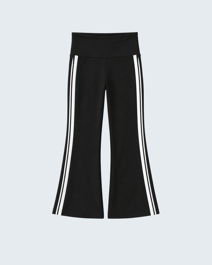 Black flare active pants with double side white stripe trim