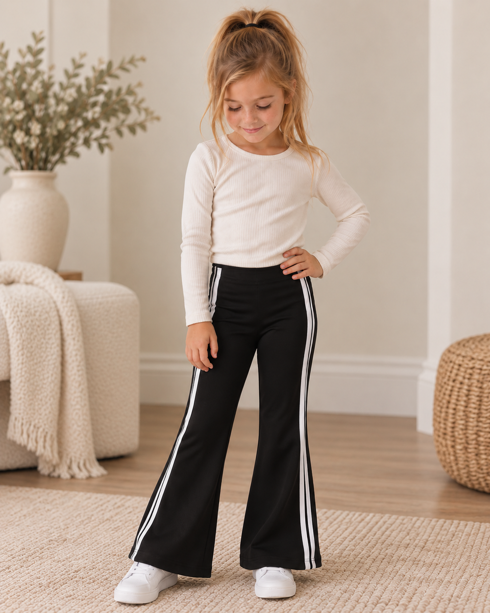 Black flare active pants on model, double white side stripe panels, wide leg