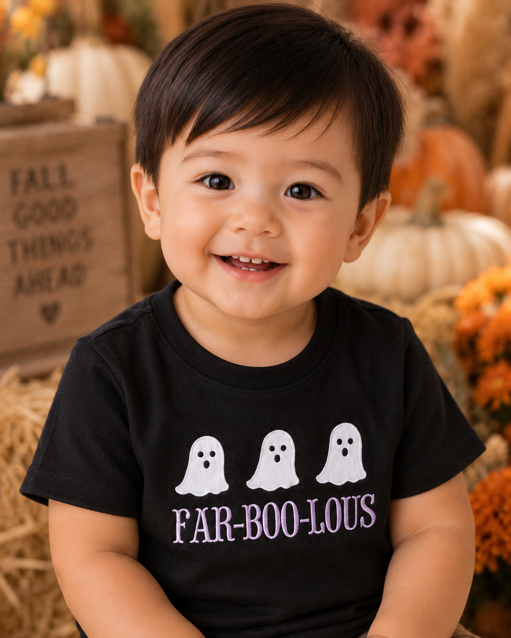 A smiling toddler wearing a black short-sleeve T-shirt with three white ghost graphics and the words 'FAR-BOO-LOUS' in purple, posed in a fall-themed setting with pumpkins and hay.