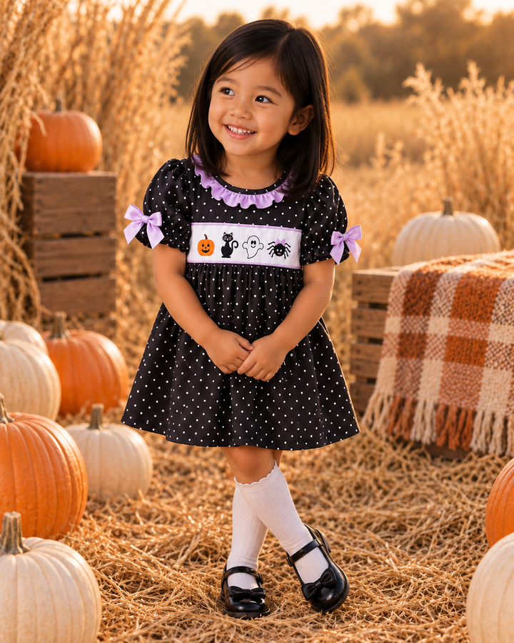 Young girl in a pretty Halloween dress is standing on a field with pumpkins