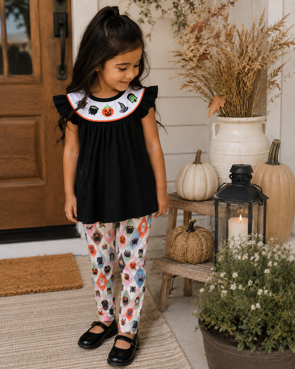 A young girl wearing a black ruffle-sleeve top with a white collar decorated with colorful pumpkins and a black dress, standing on a porch next to pumpkins and a lantern.