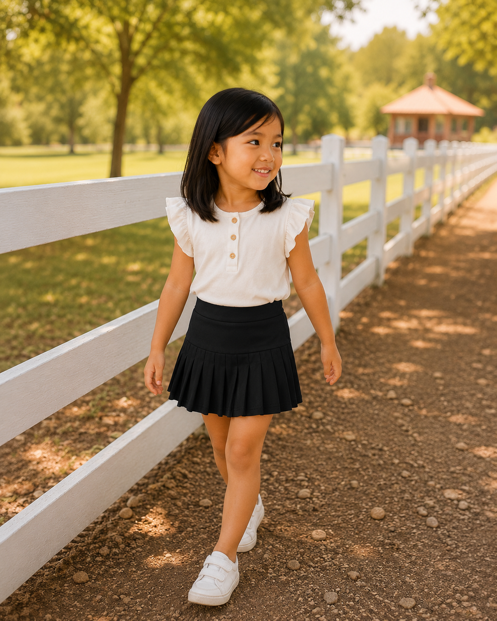 Young girl in a white blouse and black skirt standing near a white fence with trees in the background.