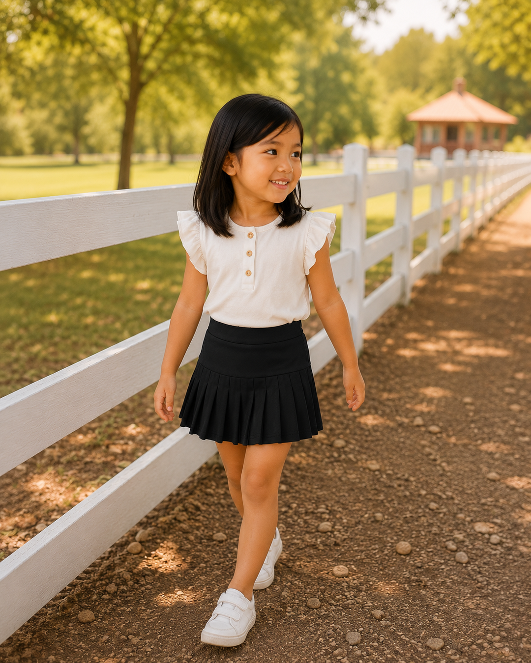 Young girl in a white blouse and black skirt standing near a white fence with trees in the background.