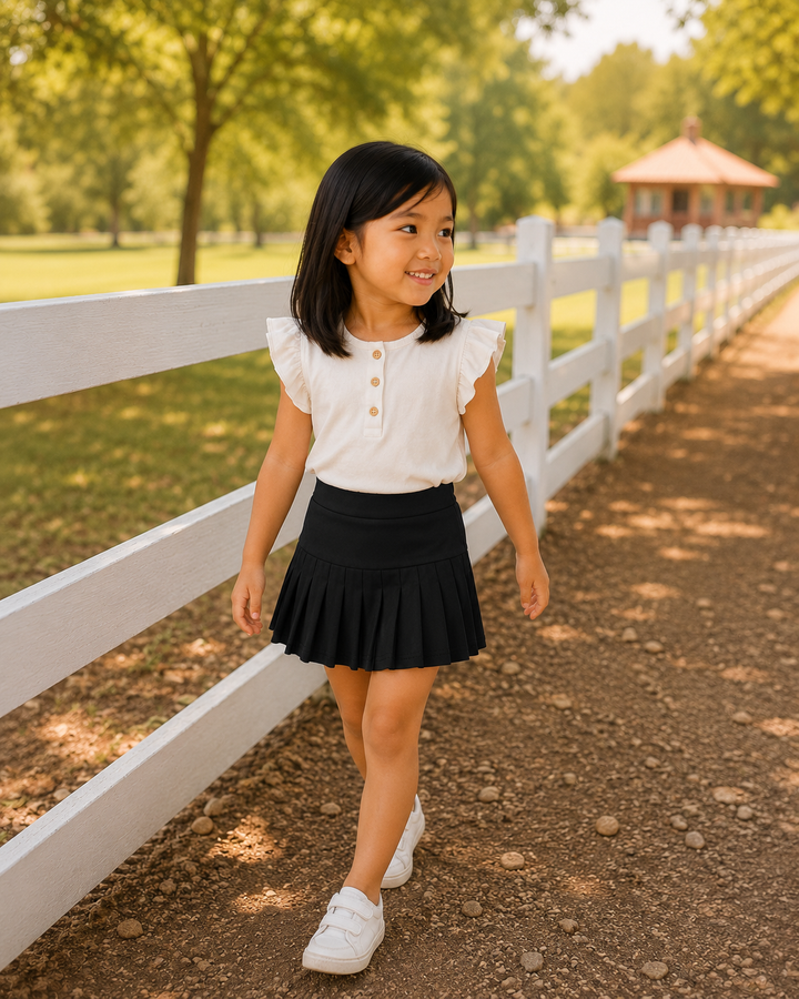 Young girl in a white blouse and black skirt standing near a white fence with trees in the background.