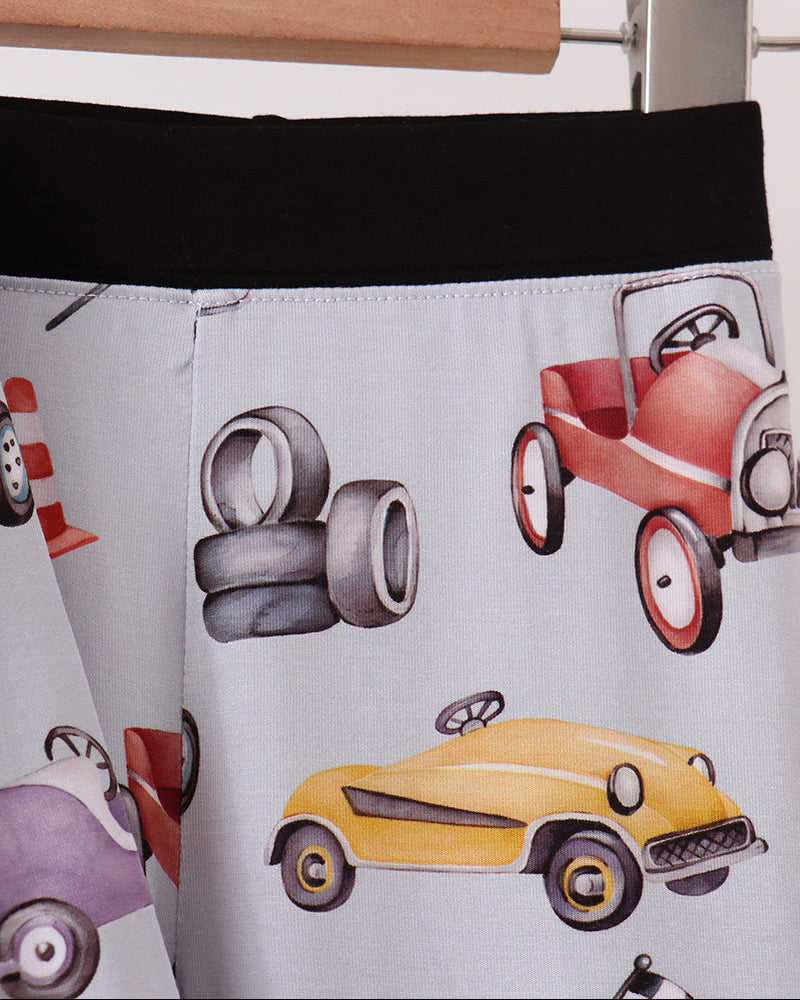 Bamboo pajama shorts bottoms with car print and black waistband cuff detail