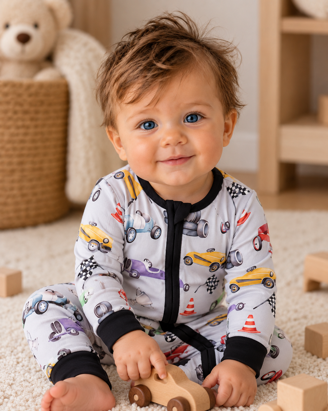 Baby is wearing a Black Racing Zip Bamboo Romper