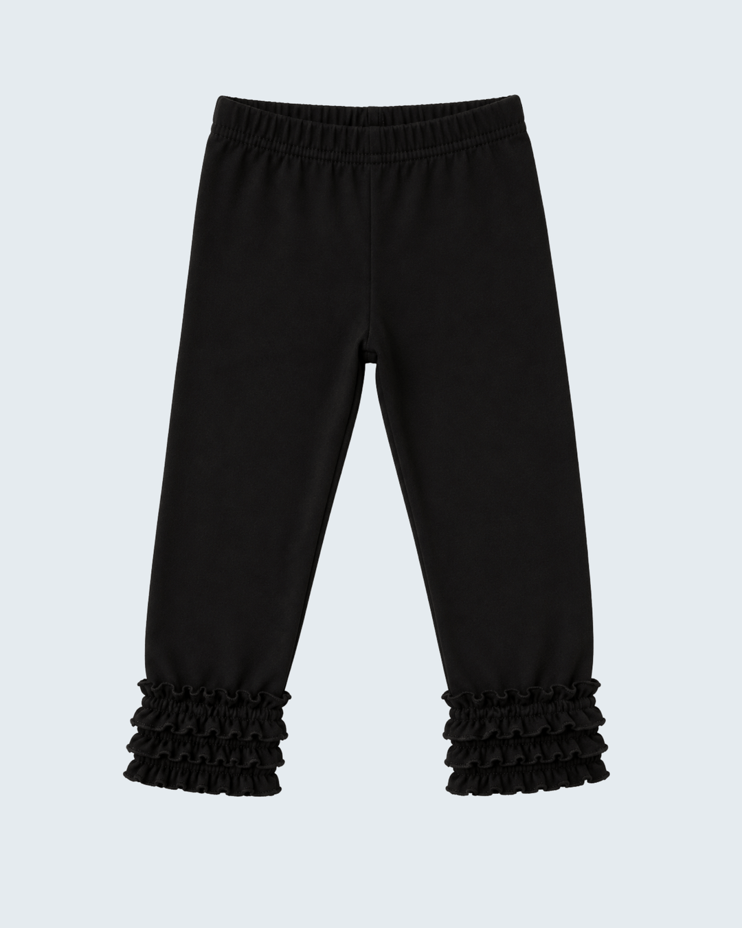 Black leggings with gathered ruffle cuffs at both ankles