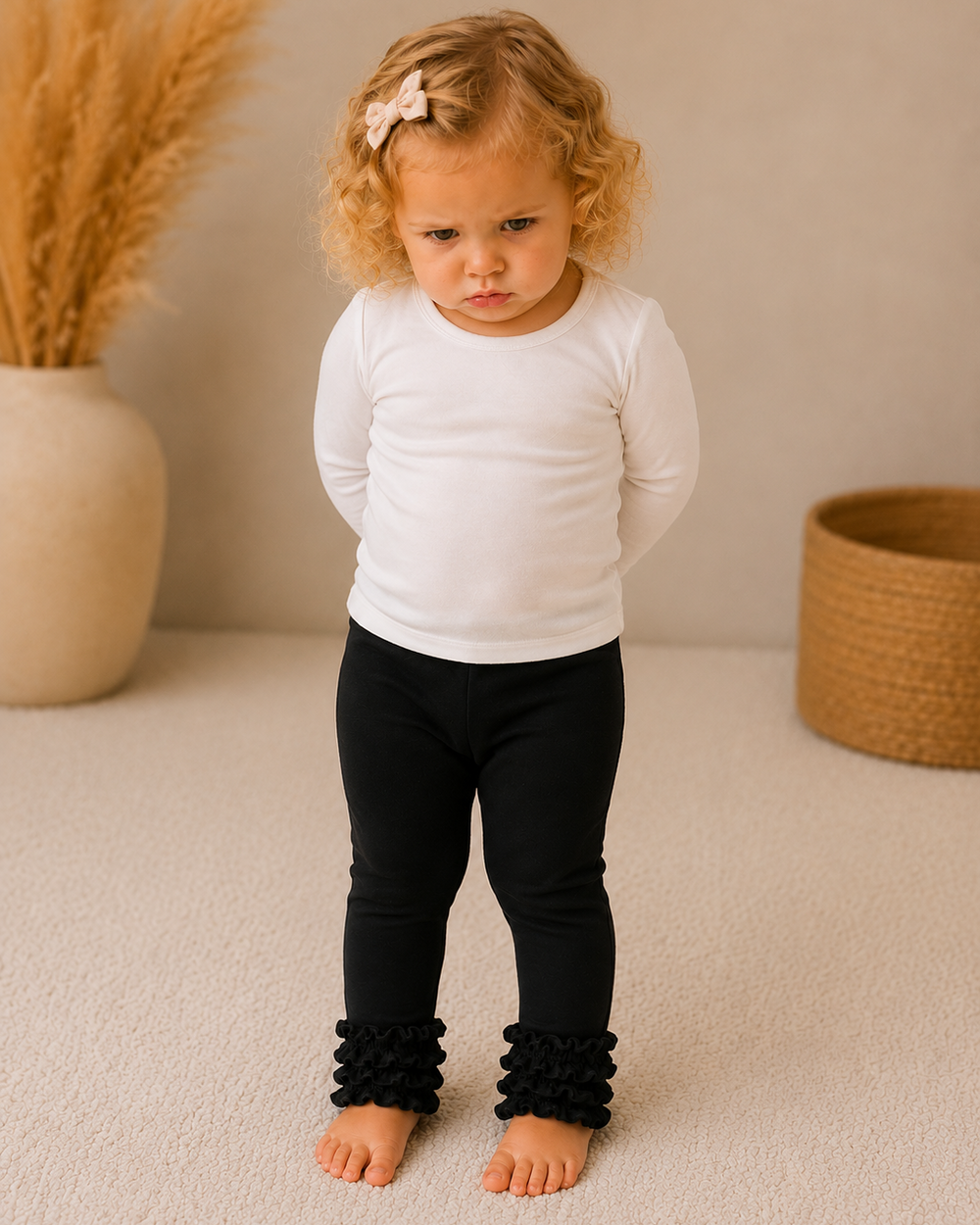 Child wearing black ruffle ankle leggings with elastic waist