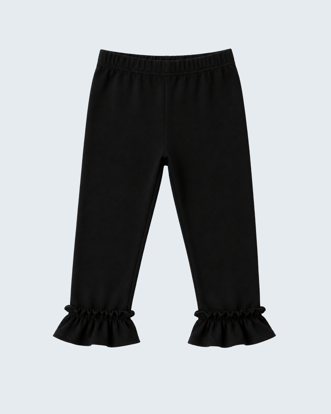 Black full-length leggings with gathered ruffle ankle cuffs