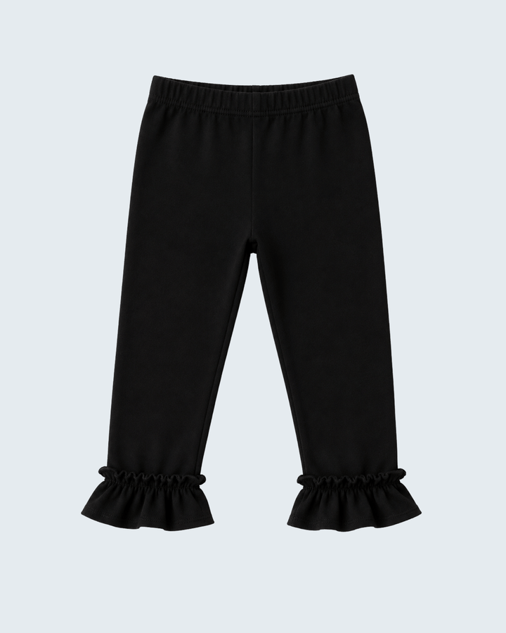 Black full-length leggings with gathered ruffle ankle cuffs