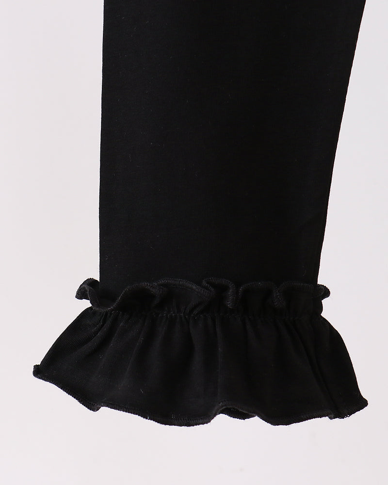 Black ruffle-hem leggings with elastic ankle cuff