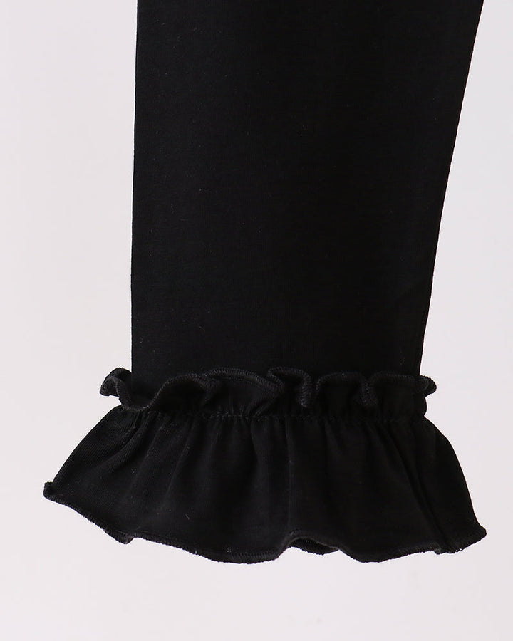 Black ruffle-hem leggings with elastic ankle cuff