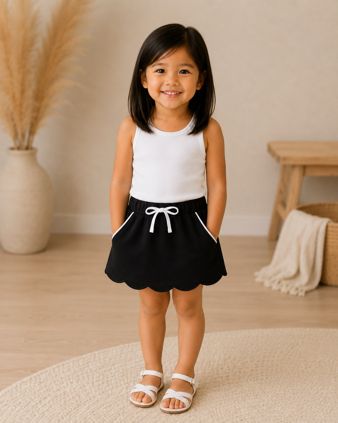 A young girl stands smiling in a bright indoor room, wearing a sleeveless white top and a black skirt with a white drawstring and white side trim. The background includes a beige wall, light wood floor, a vase with dried grass, a small wooden bench, and a woven throw blanket.