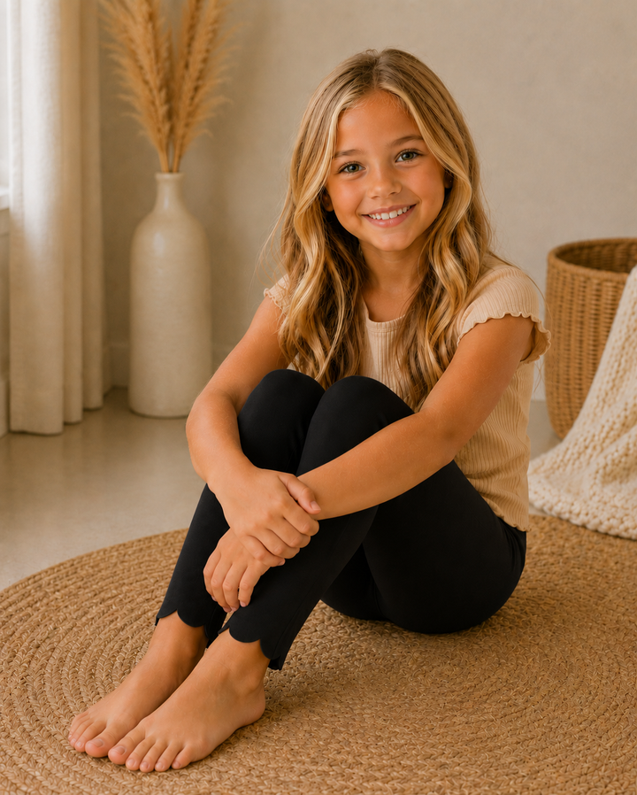 Young girl sitting on a woven mat in a home setting