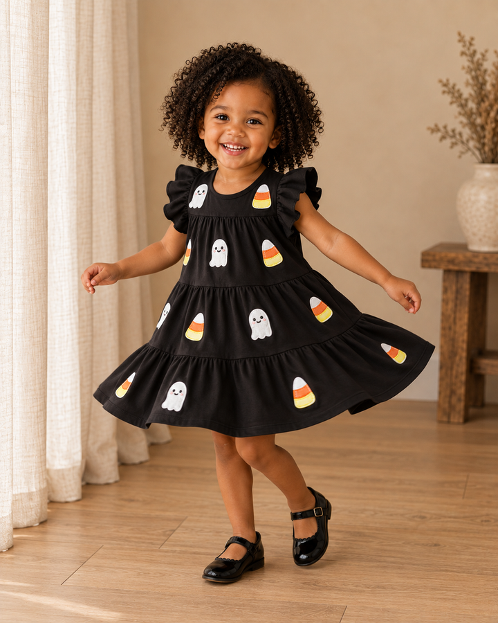 A young child with curly dark hair wearing a black tiered Halloween dress with white ghosts and candy corn prints, standing in a warm indoor room with curtains and a wooden floor.
