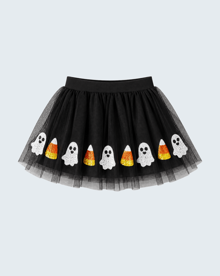 Black tulle tutu skirt with white ghost appliques and orange candy corn details