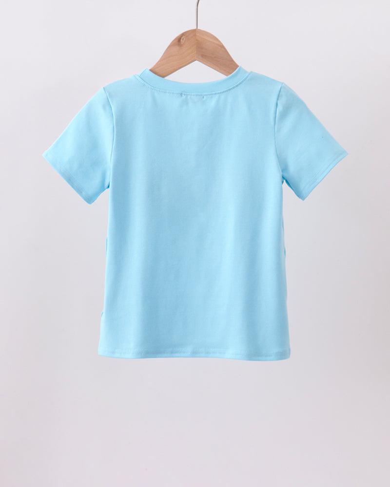 Light blue t-shirt on a wooden hanger against a light gray background