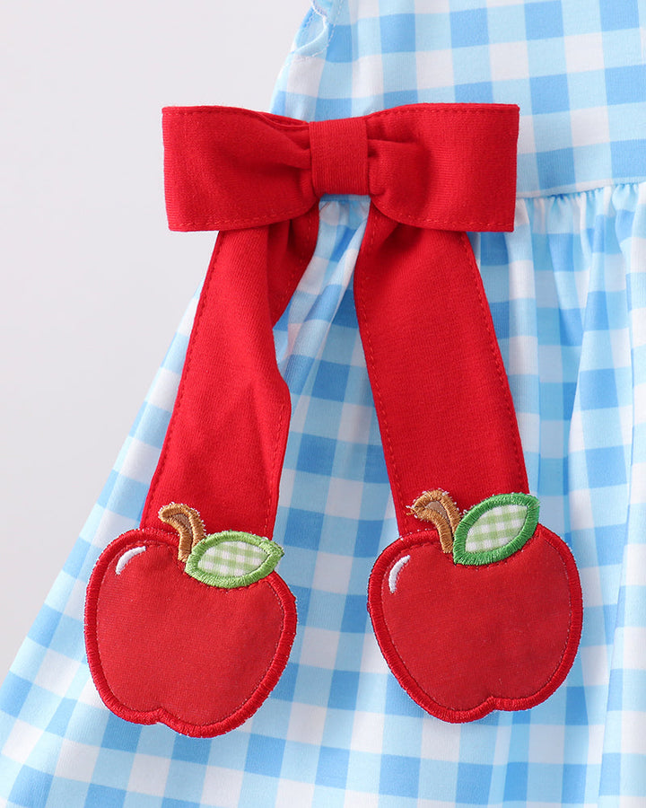 Blue gingham bloomer set with red bow and apple appliqués