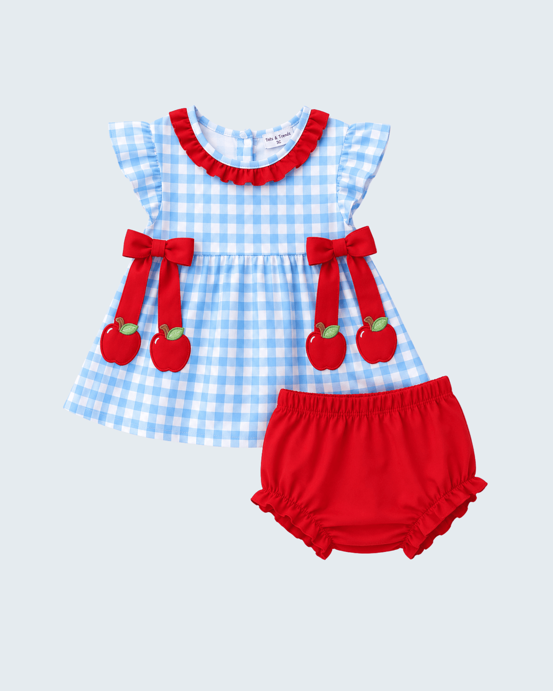 Blue gingham baby dress and red cherry bloomer set with bow straps