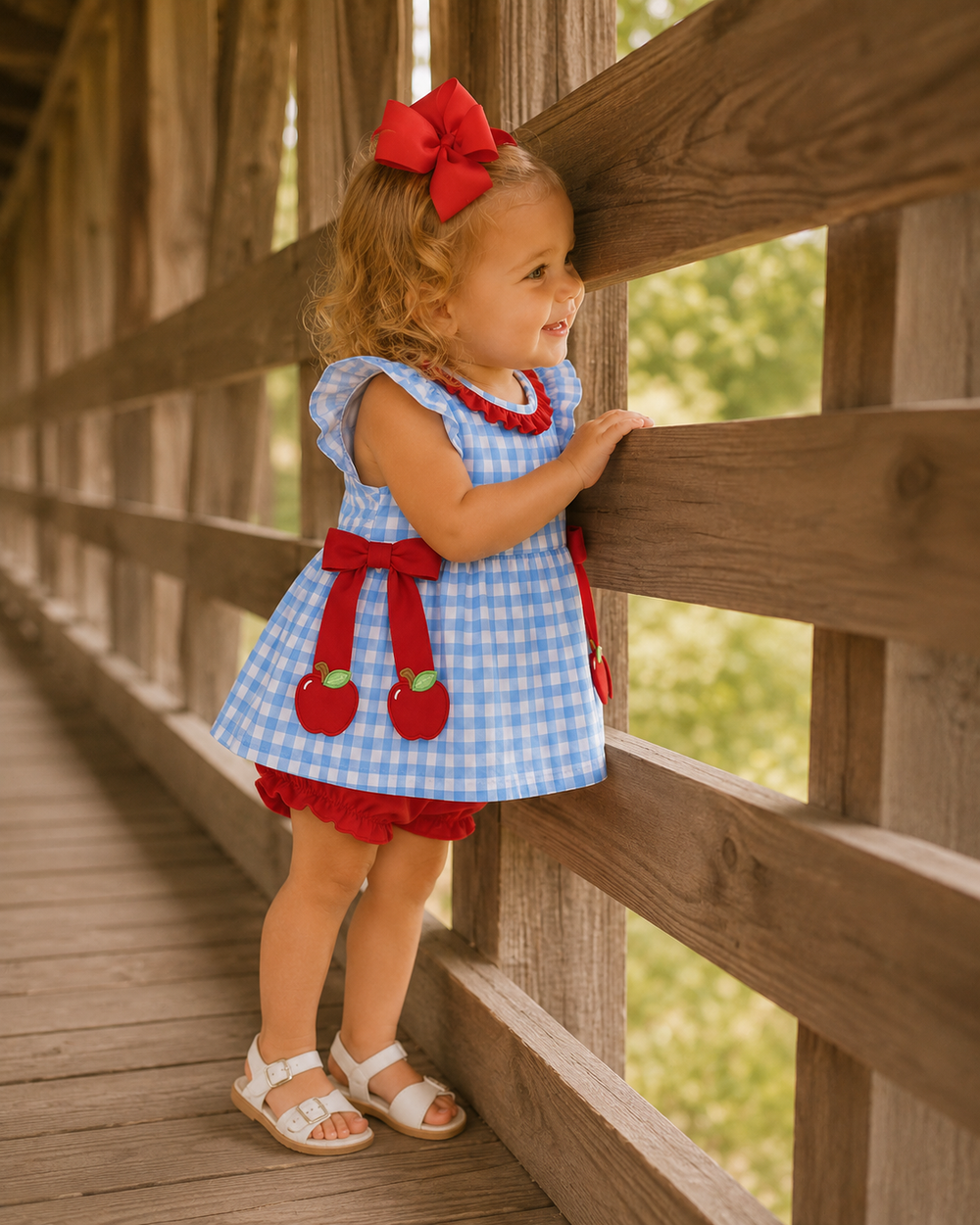Toddler baby gingham cherry dress with red bloomer, red bow detail, on model