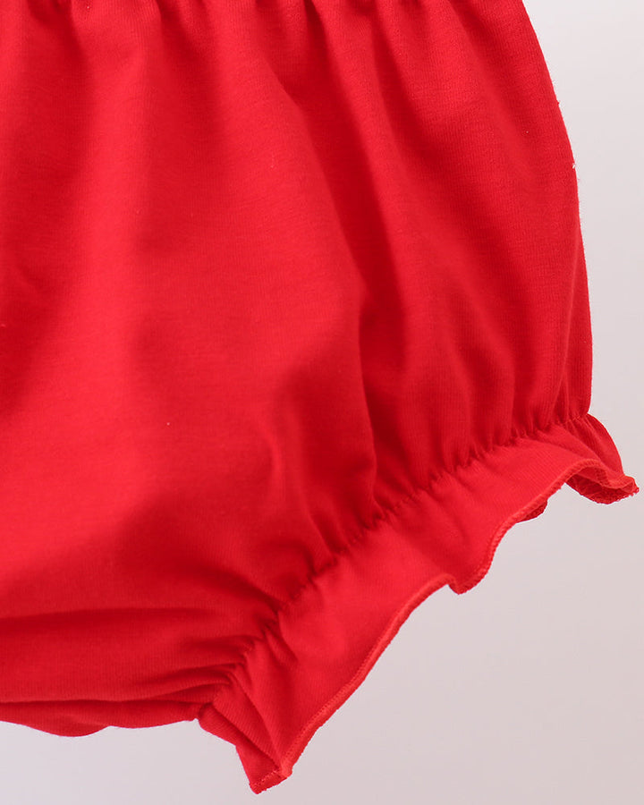 Red bloomer shorts with gathered waist and small hem ruffle