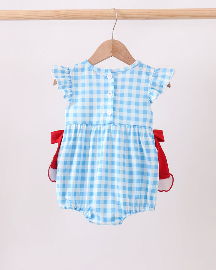 Blue gingham baby bubble romper with ruffled sleeves and front buttons