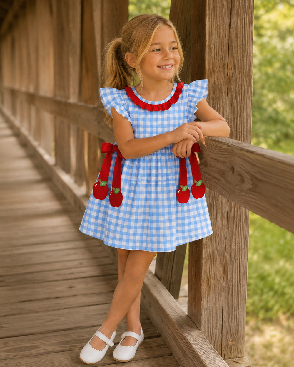 Blue gingham ruffle dress with red trim and apple appliqué
