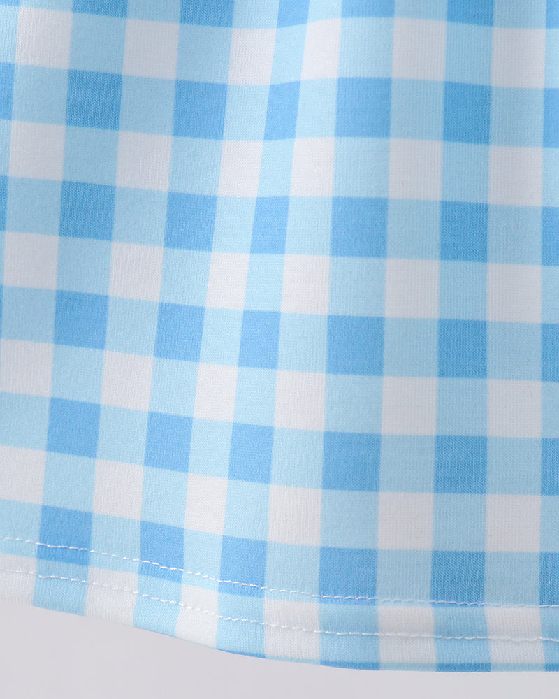 Blue gingham skirt with stitched hem and gathered waist