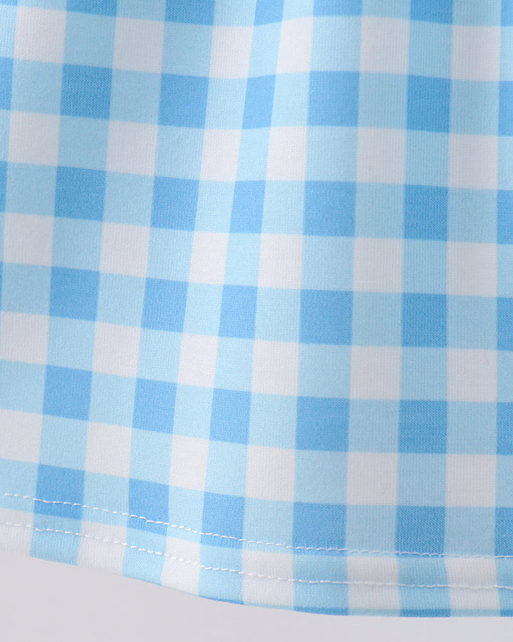 Blue gingham skirt with stitched hem and gathered waist