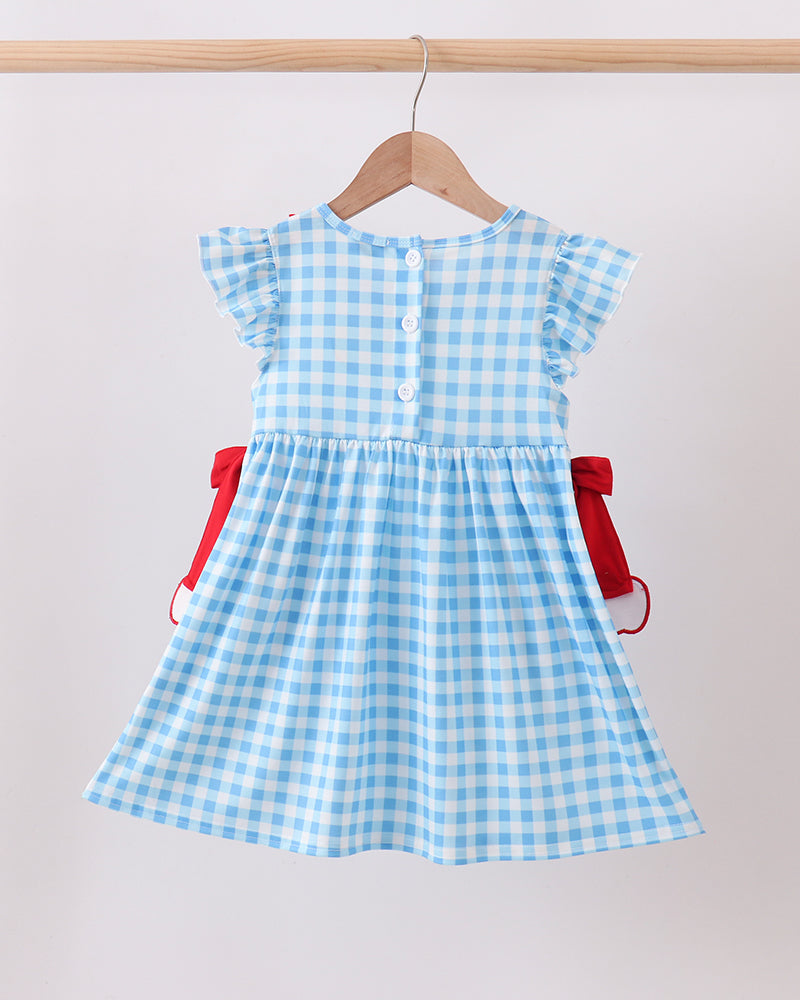 Blue gingham ruffle dress with red shoulder bow ties and button-back