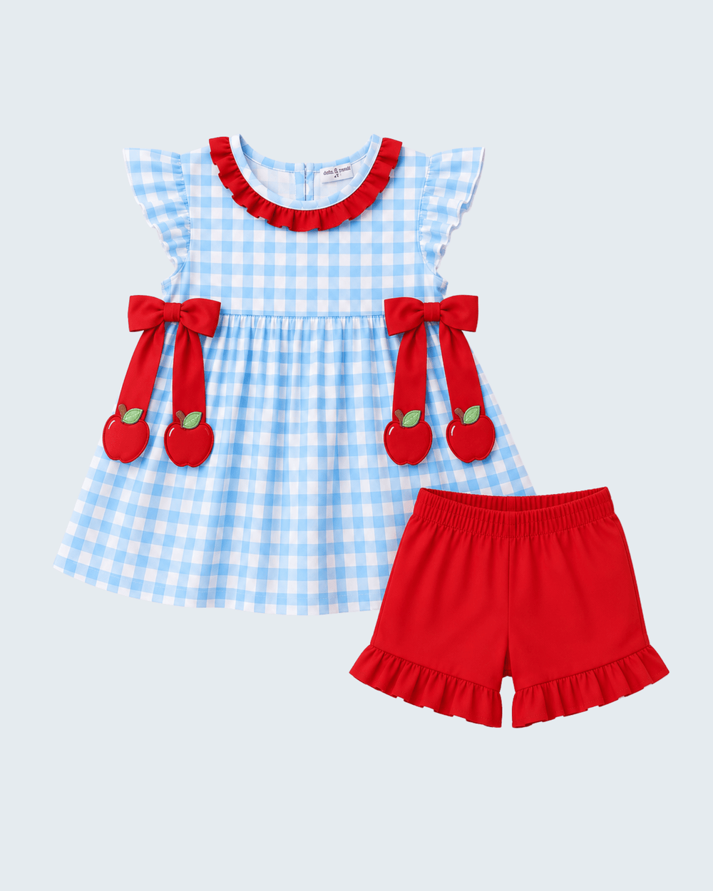Blue gingham ruffle set with apple appliqués and red shorts