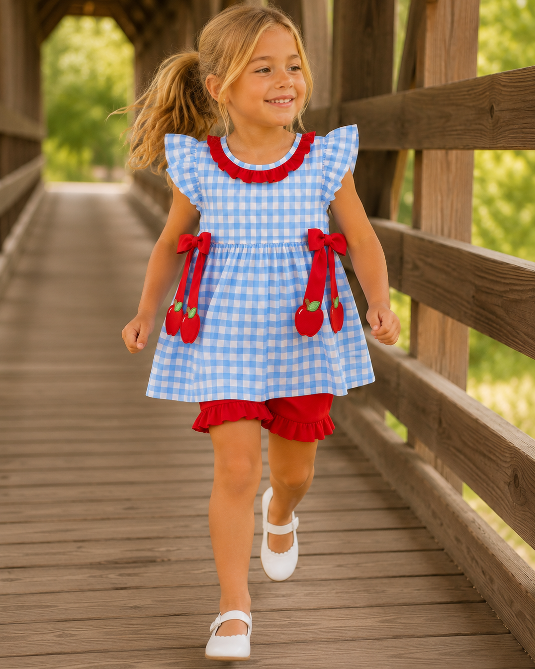 Blue gingham ruffle dress set with red trim, apple appliqués, and red shorts