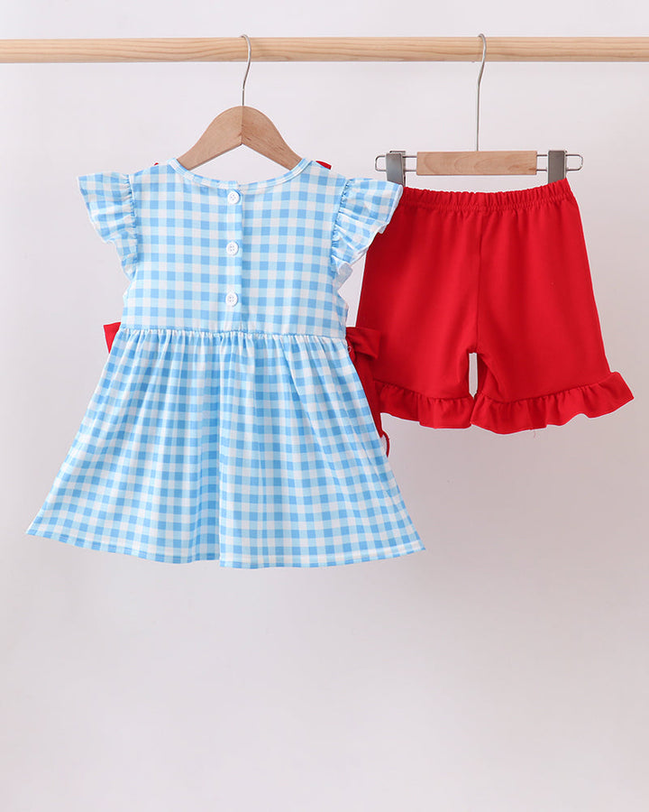 Blue gingham dress and red ruffle shorts set