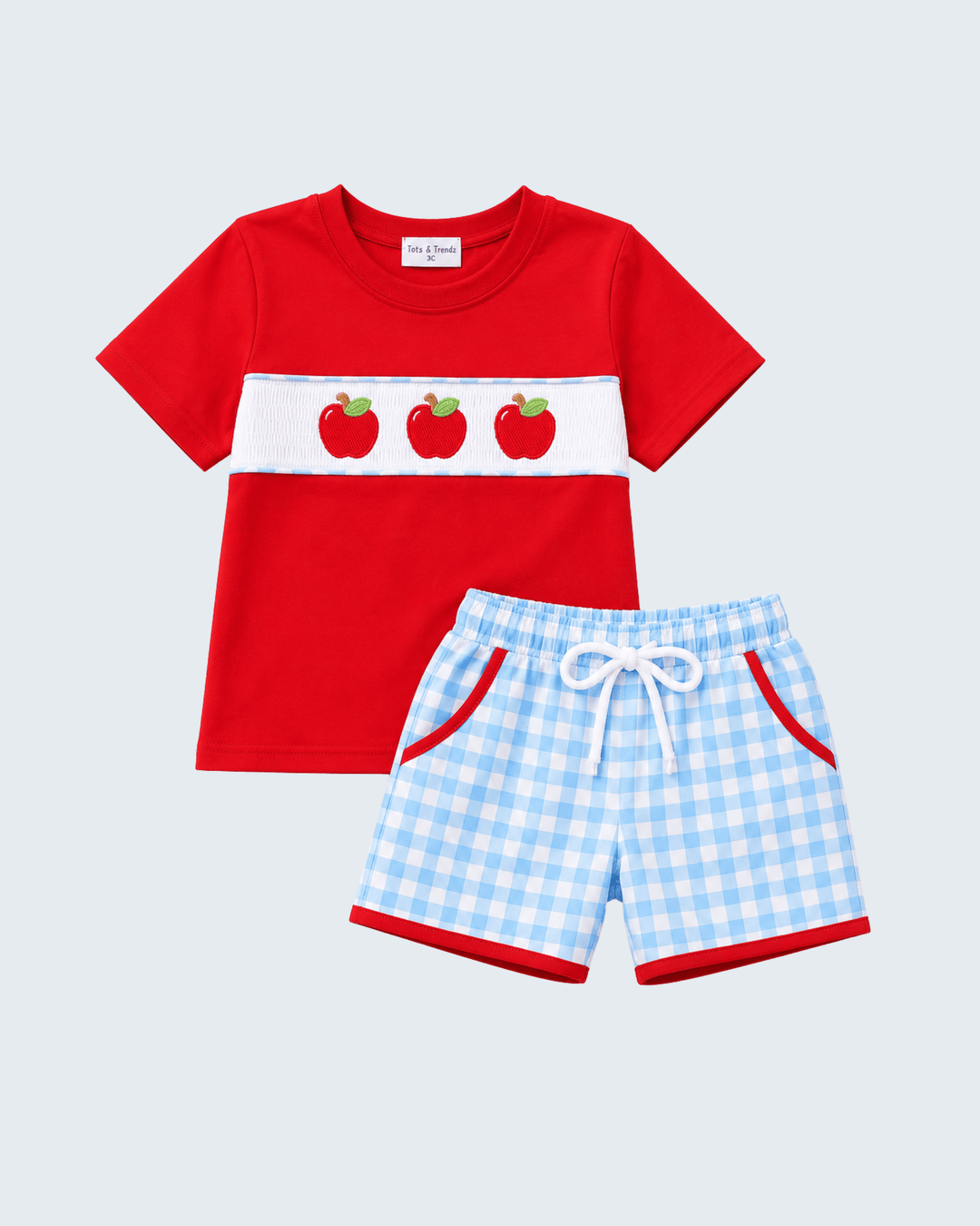 Shorts set with red T-shirt, apple appliqué stripe, and blue gingham shorts