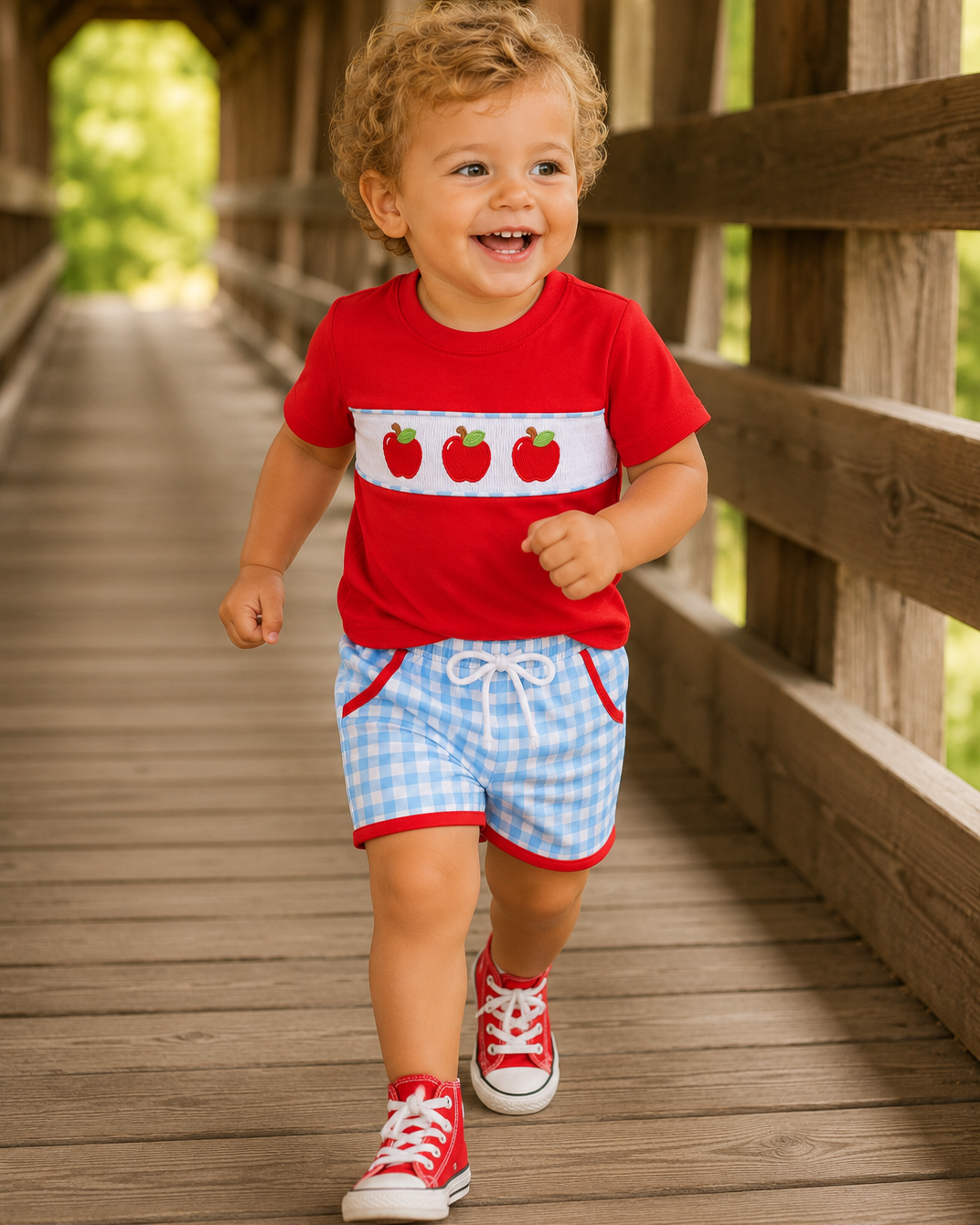 Red apple applique T-shirt and blue gingham drawstring shorts on child