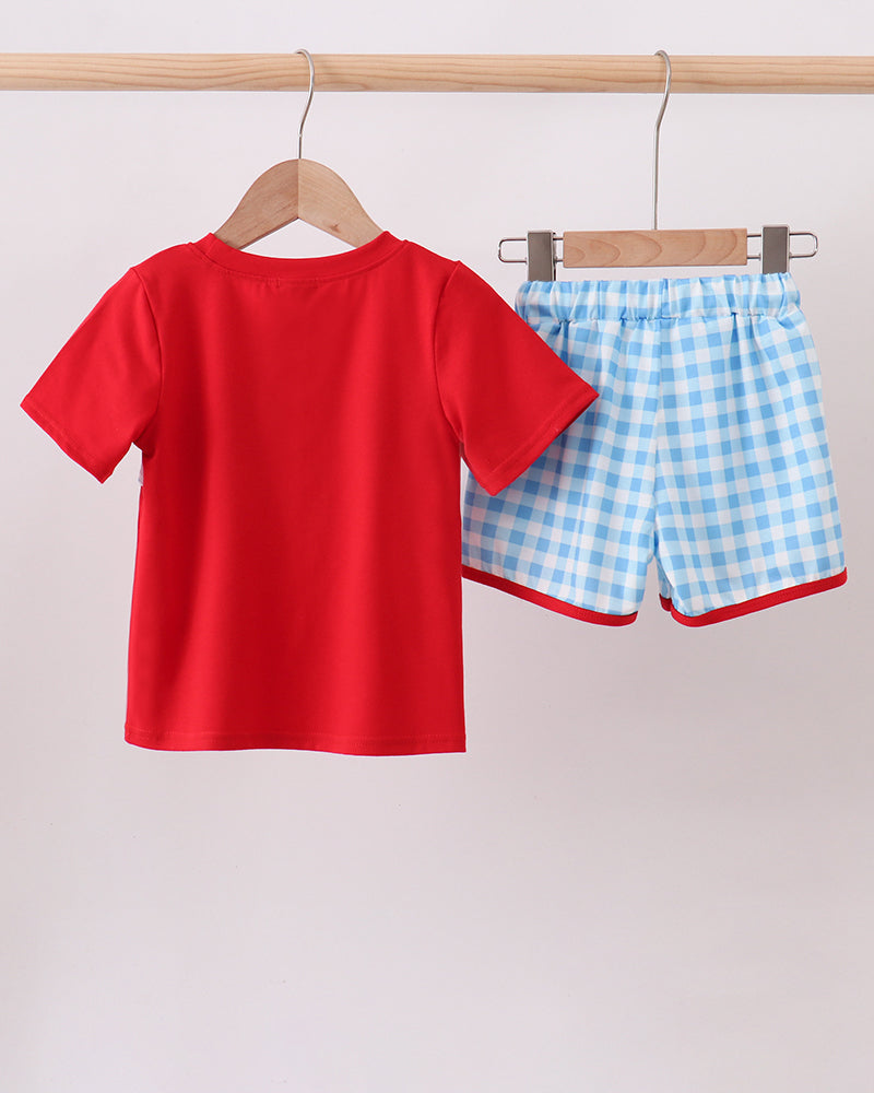 Kids apple gingham shorts set with red T-shirt and blue plaid shorts