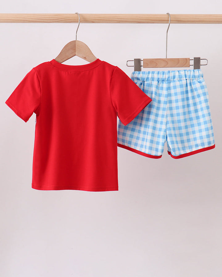 Kids apple gingham shorts set with red T-shirt and blue plaid shorts