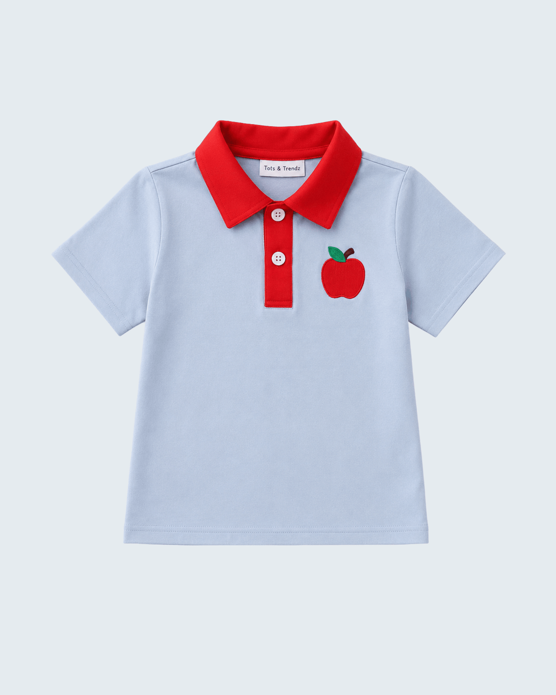 Blue polo shirt with red collar and apple appliqué