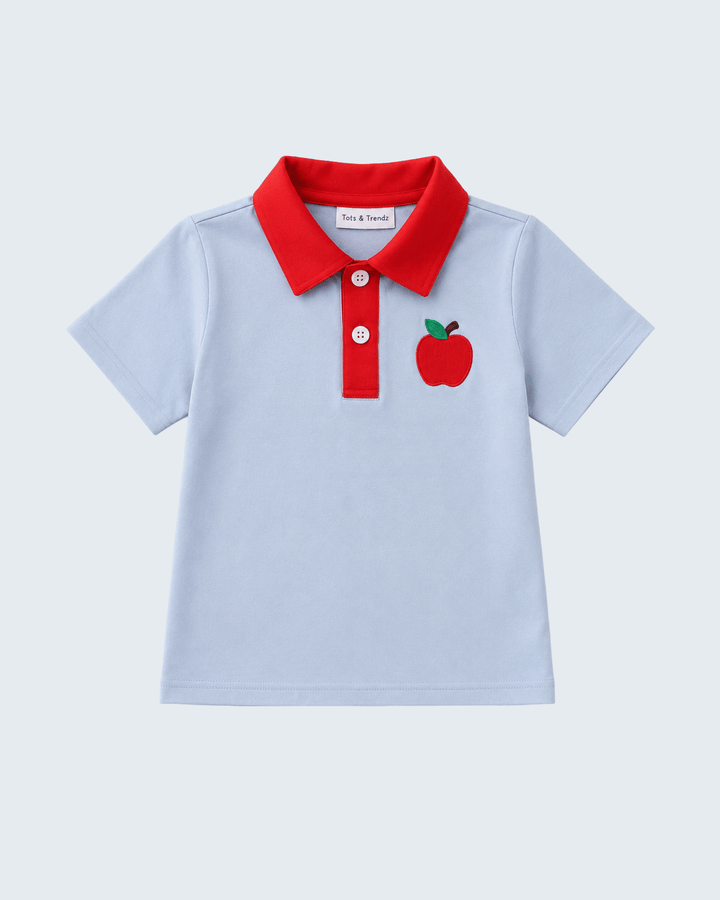 Blue polo shirt with red collar and apple appliqué