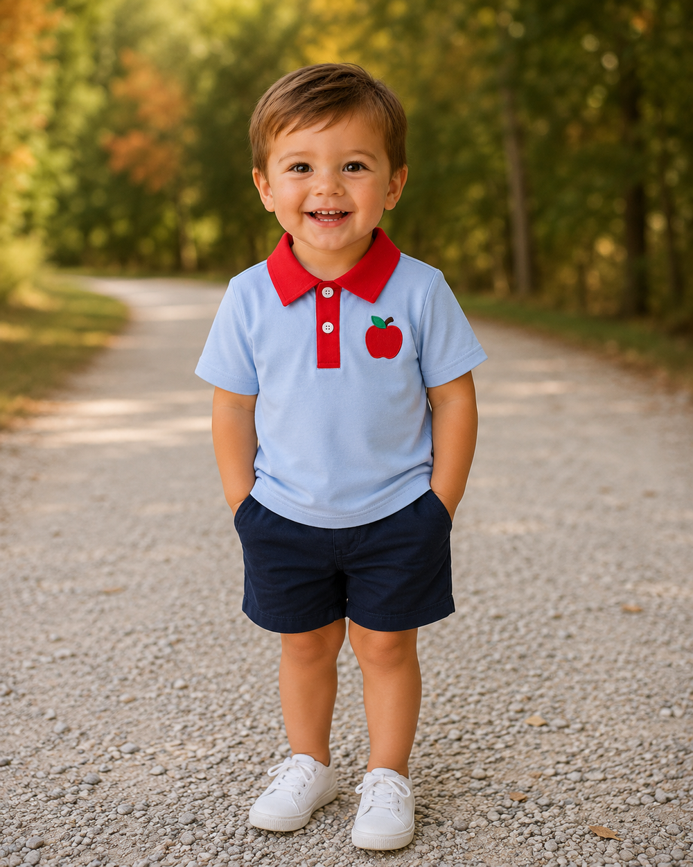 Light blue polo shirt with red collar and apple appliqué