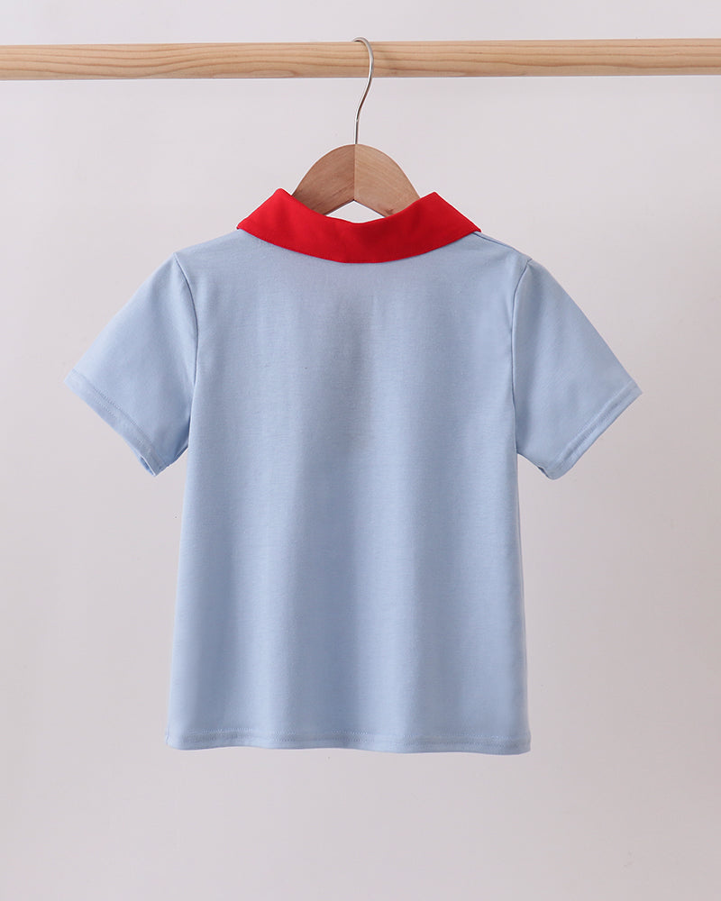 Light blue polo shirt with red stand collar and short sleeves, plain back
