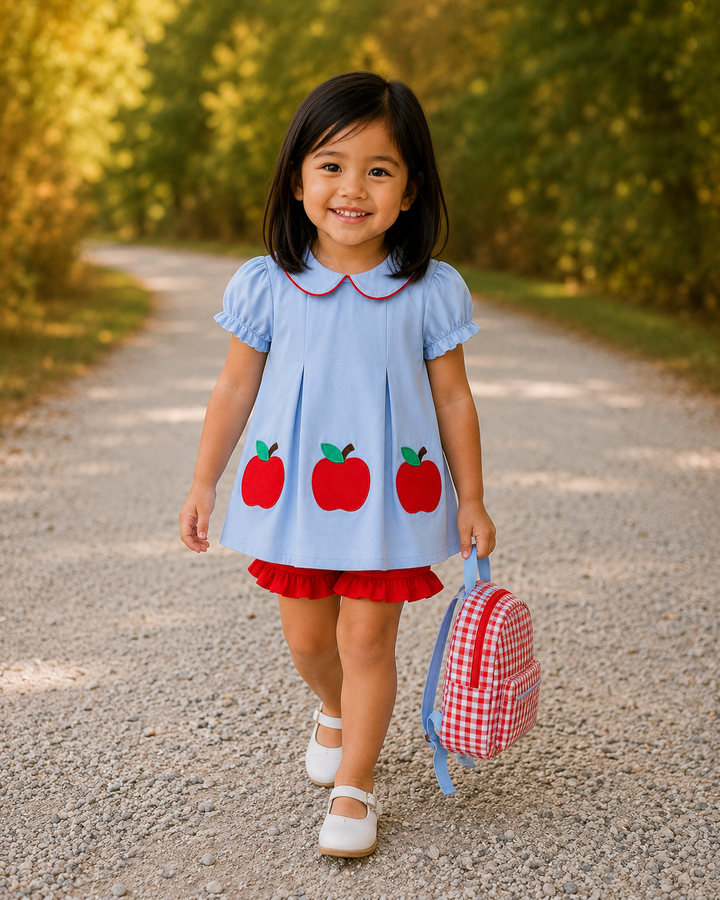 Toddler wearing light blue apple dress and red ruffle shorts with backpack