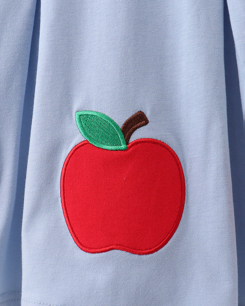 Blue shorts set with red apple appliqué and green leaf detail