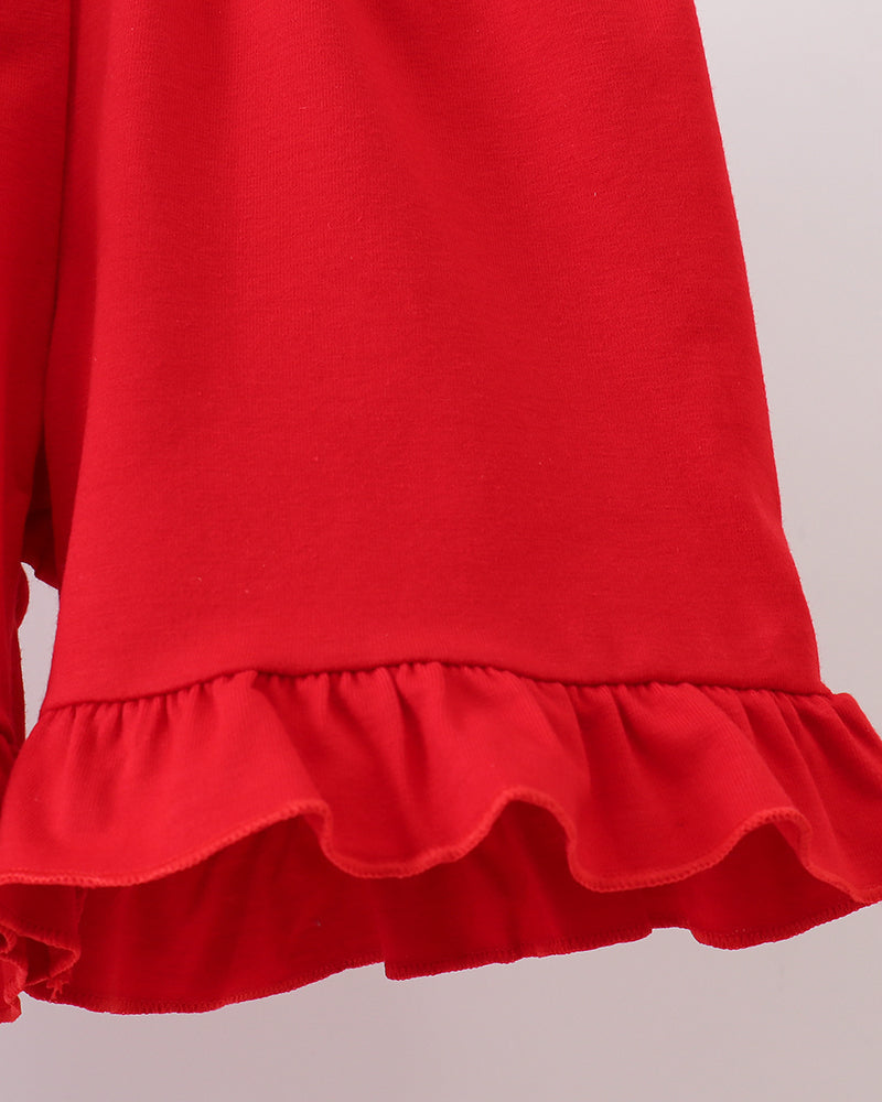 Red ruffled hem on toddler shorts set