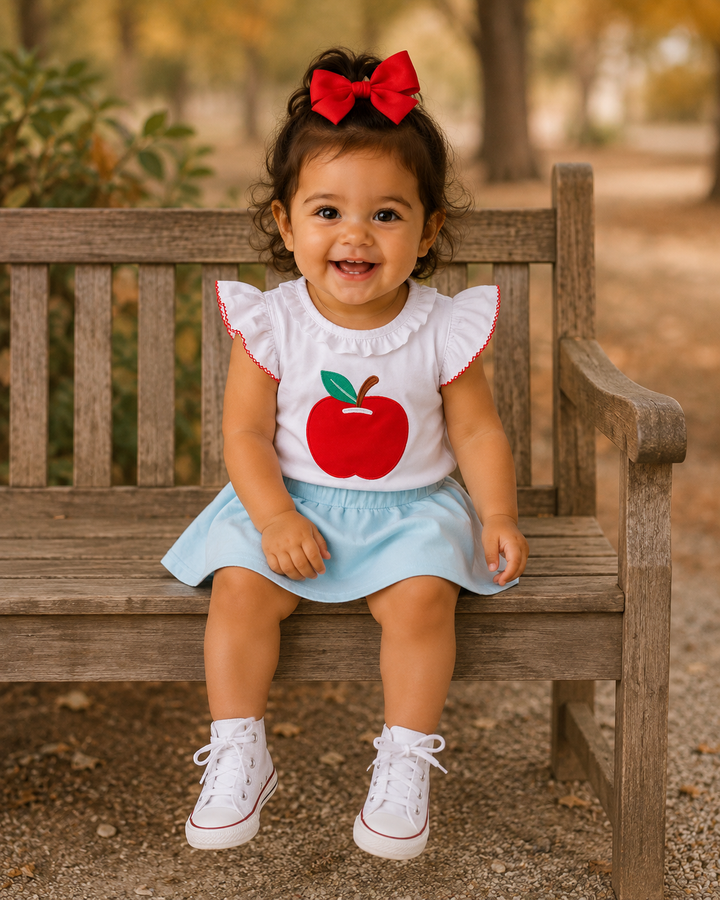 Toddler outfit: white apple ruffle top, light blue skort, red bow, sneakers