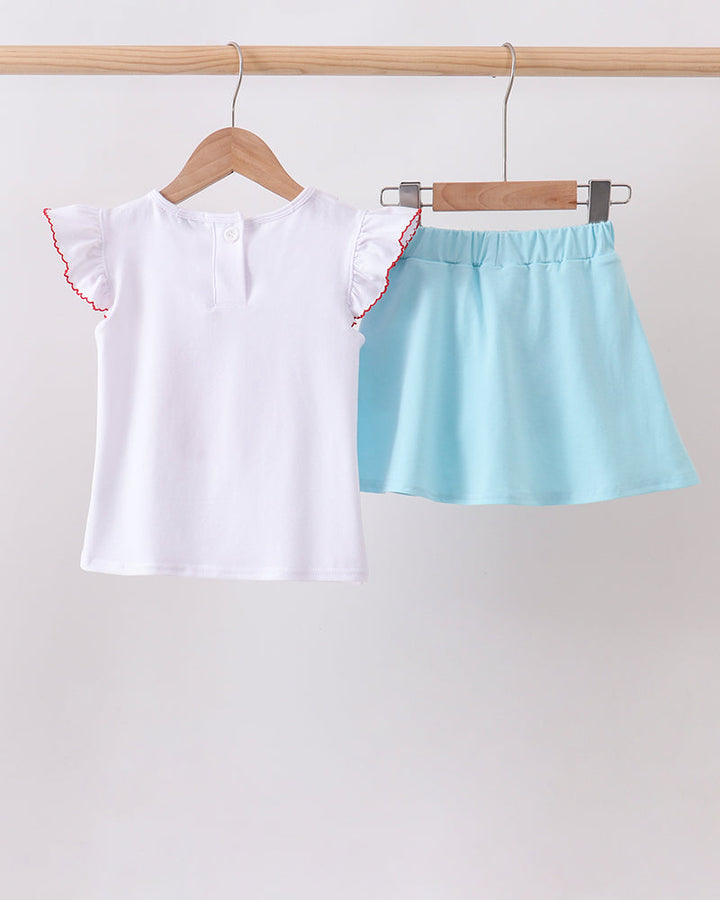 Girls white ruffle-sleeve top and light blue skort set on hanger
