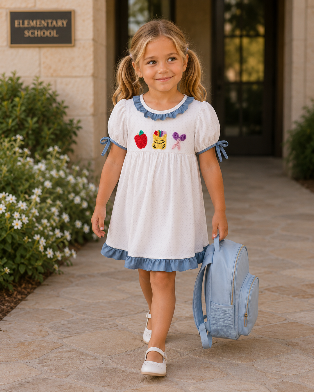 A young girl with blonde pigtails walks outdoors wearing a white school dress with blue ruffle trim and embroidered school-themed motifs, carrying a light blue backpack.
