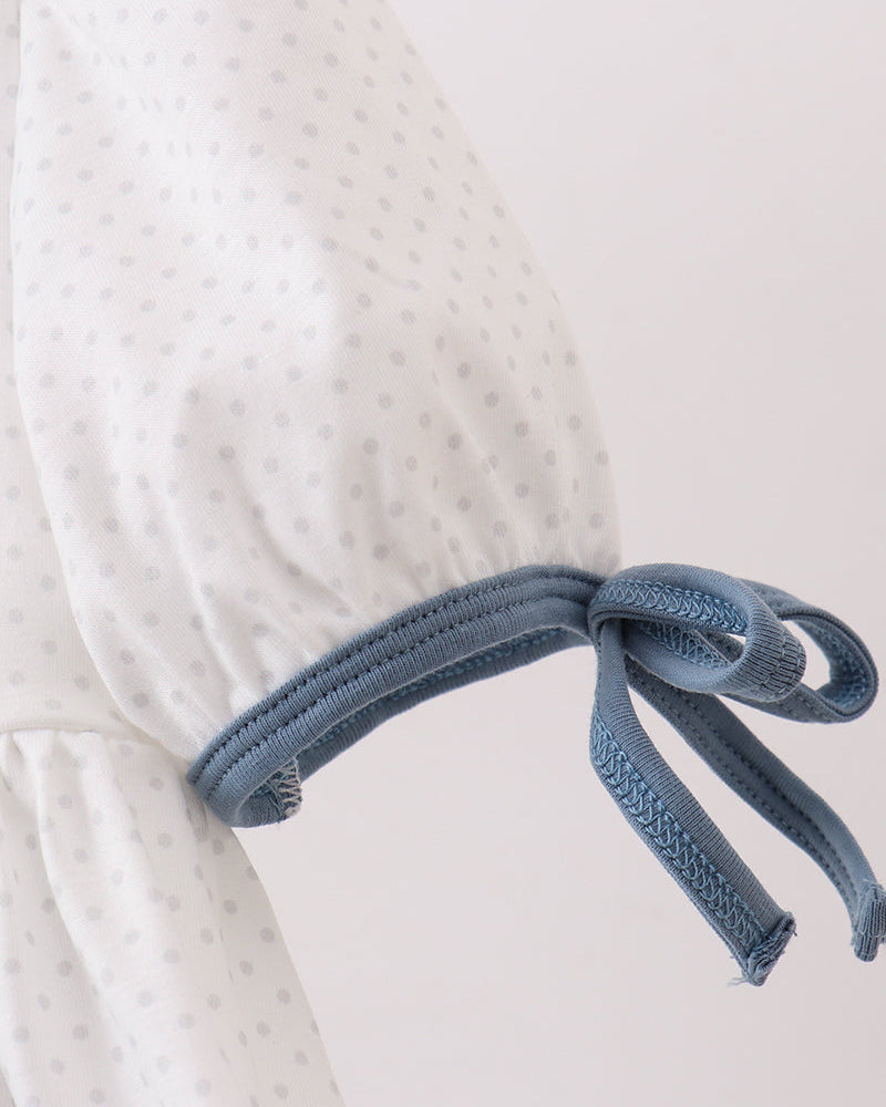 Girls white dotted dress with blue bow tie shoulder sleeves and gathered waist